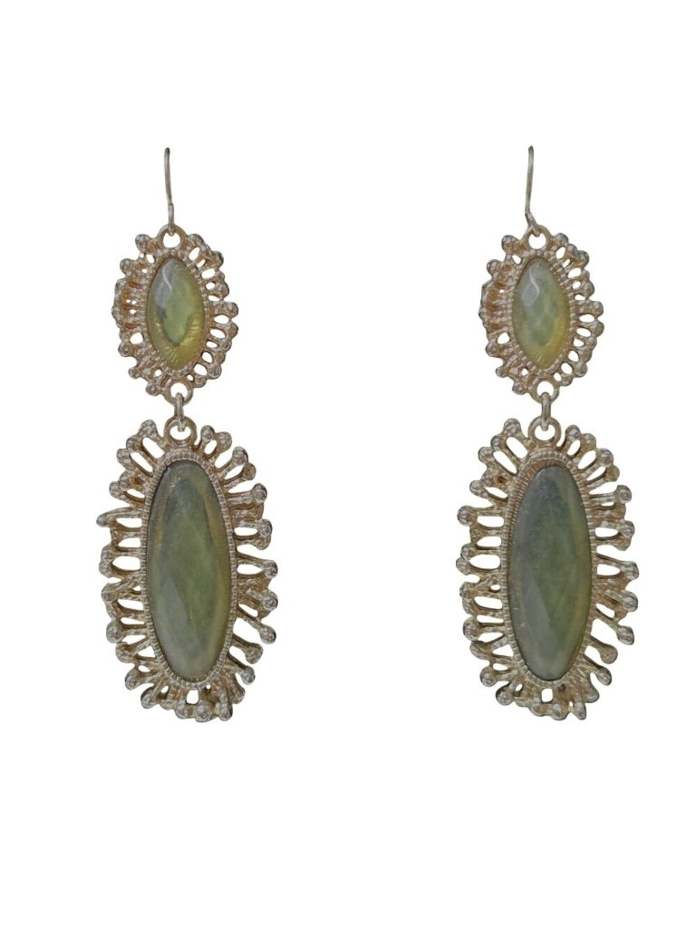 Retro Dangle Earrings Green Gemstones Intricate Gold Tone Design Fashion Jewelry